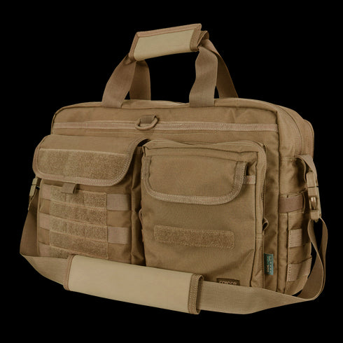 The Condor Elite Metropolis Briefcase by Condor features multiple front pockets, MOLLE webbing, top handles, and an adjustable shoulder strap—perfect for professionals seeking reliable tactical gear on the go.