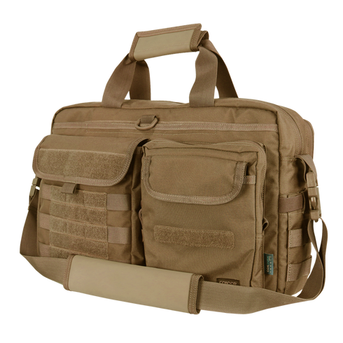 The Condor Elite Metropolis Briefcase by Condor features multiple front pockets, MOLLE webbing, top handles, and an adjustable shoulder strap—perfect for professionals seeking reliable tactical gear on the go.