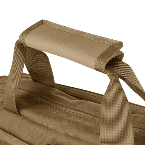 Close-up of the Condor Elite Metropolis Briefcase’s padded handle, showcasing Condor’s sturdy stitching, zipper, and durable straps.