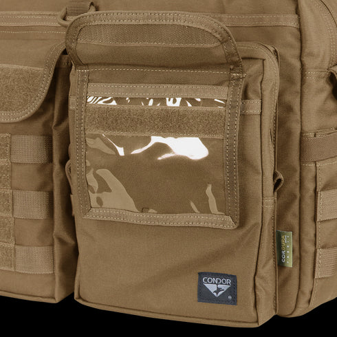 Close-up of the Condor Elite Metropolis Briefcase in tan, featuring multiple pockets—one with a clear window—and a Condor label, making it ideal for military or law enforcement use.