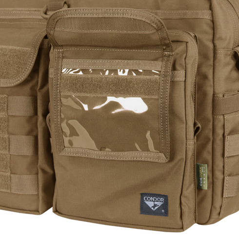 Close-up of the Condor Elite Metropolis Briefcase in tan, featuring multiple pockets—one with a clear window—and a Condor label, making it ideal for military or law enforcement use.