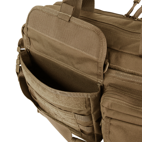Close-up of the Condor Elite Metropolis Briefcase by Condor, a tan tactical bag with multiple zippered compartments and pockets, crafted from durable fabric—perfect for military or first responders.