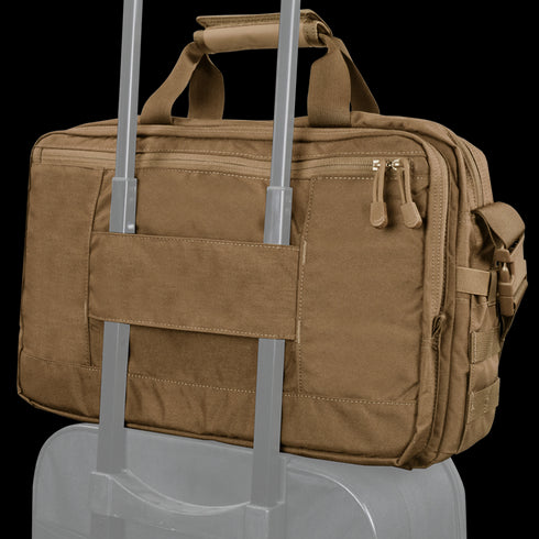 The Condor Elite Metropolis Briefcase in tan, featuring two zippers and a rear strap, is secured to the handle of a rolling suitcase.