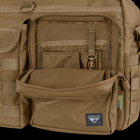 Close-up of the Condor Elite Metropolis Briefcase by Condor, featuring multiple zippered and Velcro pockets and MOLLE webbing—a rugged choice for tactical, military, or law enforcement use.