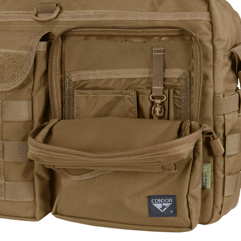 Close-up of the Condor Elite Metropolis Briefcase by Condor, featuring multiple zippered and Velcro pockets and MOLLE webbing—a rugged choice for tactical, military, or law enforcement use.