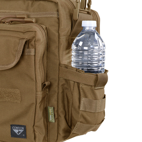 A plastic water bottle sits in the side mesh pocket of a tan Condor Elite Metropolis Briefcase, a versatile bag by Condor featuring multiple zippered compartments, popular with military and first responders.