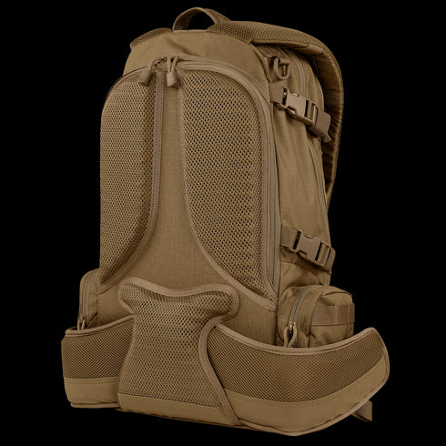 The Condor Elite Titan Assault Backpack 40L by Condor features breathable mesh padding, side straps, and a padded hip belt—shown from the back. Perfect for bushcraft adventures or as reliable first responder gear. Now on sale!.