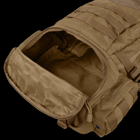 The Condor Elite Titan Assault Backpack 40L in tan features an open main compartment with multiple pockets and exterior webbing—perfect for military use or keeping gear organized for your next shooting range session.