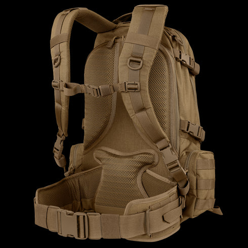 The Condor Elite Titan Assault Backpack 40L by Condor is shown from the back, featuring padded shoulder straps, a hip belt, mesh padding, and multiple adjustment buckles—ideal for military or EDC use by first responders.
