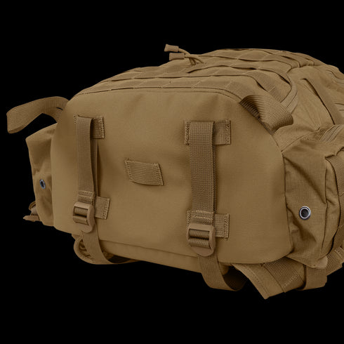 Close-up of the bottom side of the Condor Elite Titan Assault Backpack 40L by Condor, featuring straps, buckles, and grommets—perfect for bushcraft adventures or military first responder use.