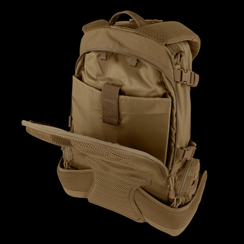 The Condor Elite Titan Assault Backpack 40L by Condor is a tan tactical pack with padded shoulder straps, a front pocket, and an open main compartment flap for easy access to spacious interior storage—perfect for bushcraft adventures.