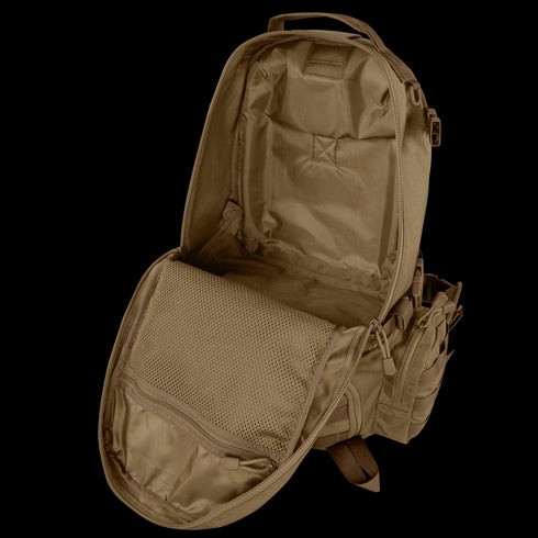 The Condor Elite Titan Assault Backpack 40L by Condor is shown open, displaying the main compartment, inner mesh pocket, and multiple storage sections—perfect for military or bushcraft use.