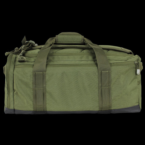 The Condor Centurion Duffle Bag 46L is a tactical green bag featuring multiple zippered compartments, dual handles, and an adjustable shoulder strap, shown against a white background.