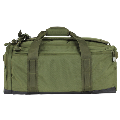 The Condor Centurion Duffle Bag 46L is a tactical green bag featuring multiple zippered compartments, dual handles, and an adjustable shoulder strap, shown against a white background.