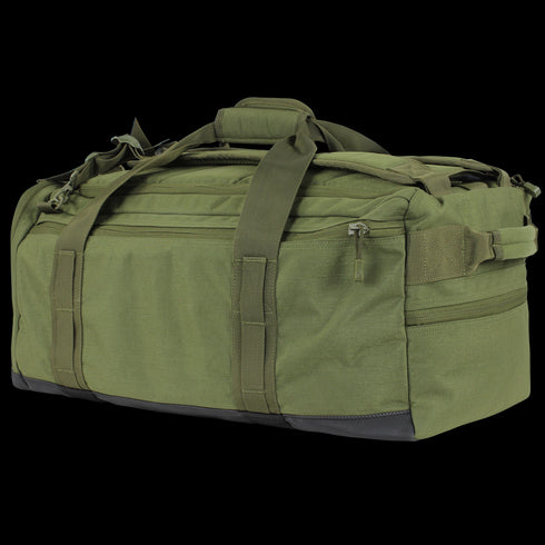 The Condor Centurion Duffle Bag 46L is a spacious olive green bag with multiple zippered compartments, sturdy handles, and reinforced stitching—perfect for military or first responder use.