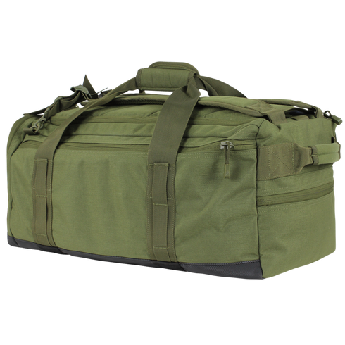 The Condor Centurion Duffle Bag 46L is a spacious olive green bag with multiple zippered compartments, sturdy handles, and reinforced stitching—perfect for military or first responder use.