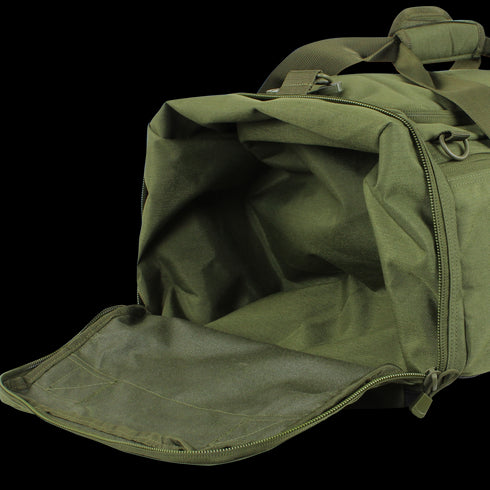 The Condor Centurion Duffle Bag 46L, shown in olive green fabric with its main compartment fully unzipped and flap flat, is perfect for first responder or law enforcement use.