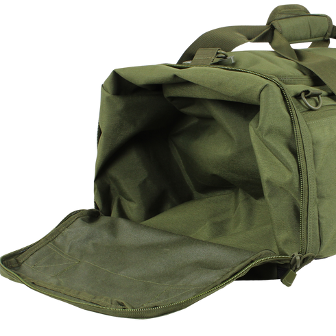 The Condor Centurion Duffle Bag 46L, shown in olive green fabric with its main compartment fully unzipped and flap flat, is perfect for first responder or law enforcement use.