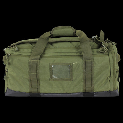 The Condor Centurion Duffle Bag 46L is an olive green tactical bag with black accents, dual carry handles, top zipper, side pockets, and a clear front ID window—perfect for law enforcement or first responder gear.