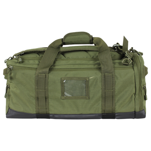 The Condor Centurion Duffle Bag 46L is an olive green tactical bag with black accents, dual carry handles, top zipper, side pockets, and a clear front ID window—perfect for law enforcement or first responder gear.