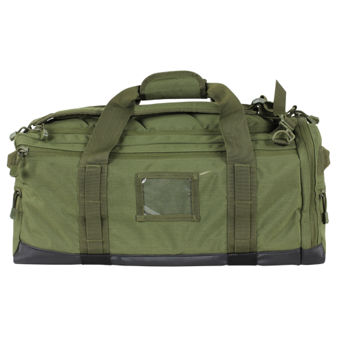 The Condor Centurion Duffle Bag 46L is an olive green tactical bag with black accents, dual carry handles, top zipper, side pockets, and a clear front ID window—perfect for law enforcement or first responder gear.