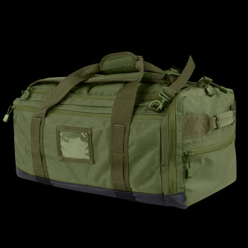The Condor Centurion Duffle Bag 46L in Olive Drab features multiple compartments, zippers, handles, and adjustable shoulder straps, shown against a white background.