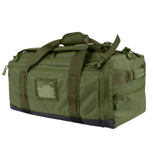 The Condor Centurion Duffle Bag 46L in Olive Drab features multiple compartments, zippers, handles, and adjustable shoulder straps, shown against a white background.
