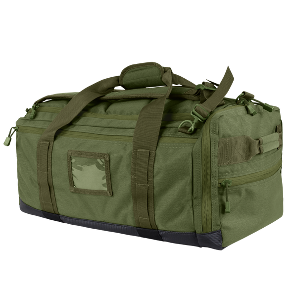 The Condor Centurion Duffle Bag 46L in Olive Drab features multiple zippered compartments, a reinforced black bottom, carry handles, and an adjustable shoulder strap.