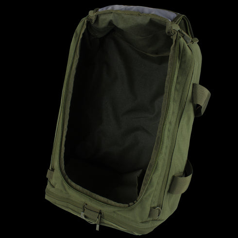 The Condor Centurion Duffle Bag 46L in olive green is shown empty with its main compartment unzipped and open, revealing the interior.