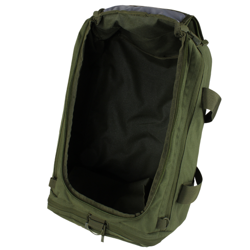 The Condor Centurion Duffle Bag 46L in olive green is shown empty with its main compartment unzipped and open, revealing the interior.