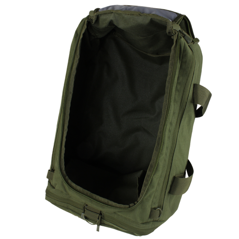 The Condor Centurion Duffle Bag 46L in olive green is shown empty with its main compartment unzipped and open, revealing the interior.