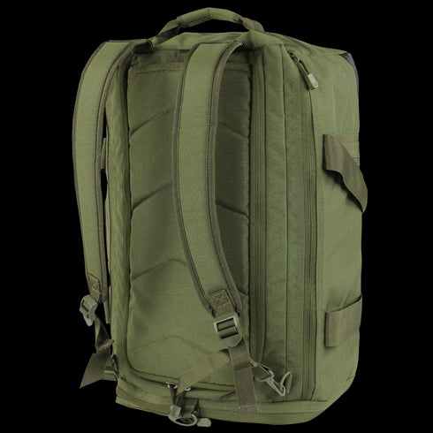 The Condor Centurion Duffle Bag 46L in olive green features padded shoulder straps, a top handle, side zipper pocket, and multiple adjustable buckles—shown from the back and ideal for first responders or law enforcement.