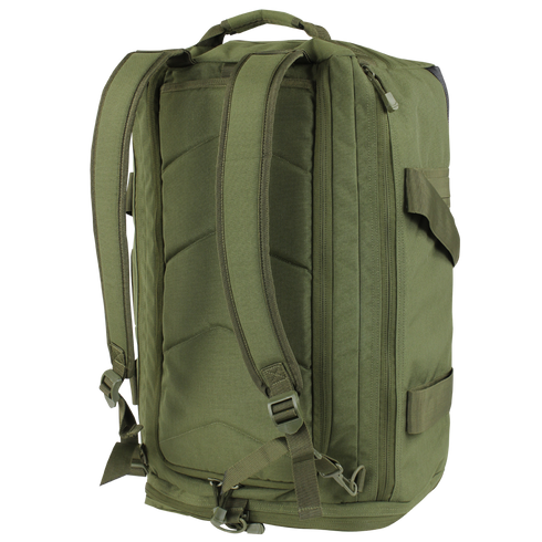 The Condor Centurion Duffle Bag 46L in olive green features padded shoulder straps, a top handle, side zipper pocket, and multiple adjustable buckles—shown from the back and ideal for first responders or law enforcement.