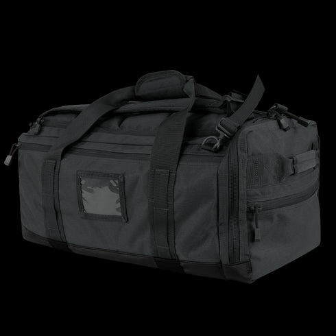 The Condor Centurion Duffle Bag 46L is a black bag featuring sturdy handles, multiple zippered compartments, and a front ID window—perfect for military or first responders who need organized, reliable gear.