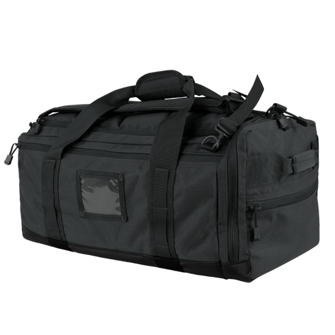 The Condor Centurion Duffle Bag 46L is a black bag featuring sturdy handles, multiple zippered compartments, and a front ID window—perfect for military or first responders who need organized, reliable gear.