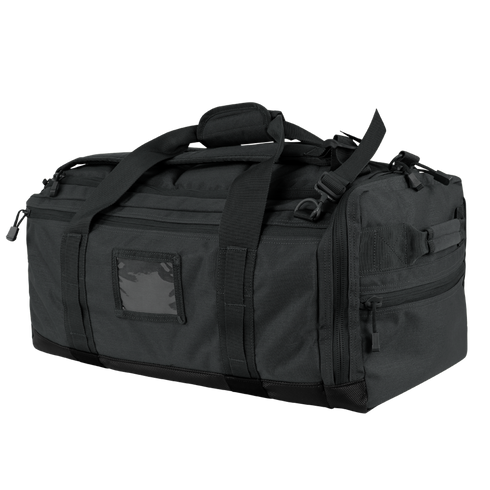 The Condor Centurion Duffle Bag 46L is a black bag featuring sturdy handles, multiple zippered compartments, and a front ID window—perfect for military or first responders who need organized, reliable gear.