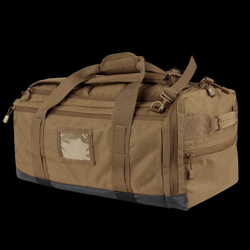 The Condor Centurion Duffle Bag 46L is a tan tactical bag with multiple zippered compartments, carrying handles, and adjustable shoulder straps—ideal for first responders or law enforcement—shown on a white background.