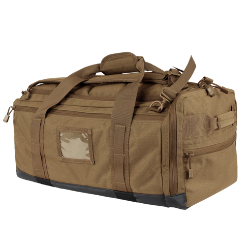The Condor Centurion Duffle Bag 46L is a tan tactical bag with multiple zippered compartments, carrying handles, and adjustable shoulder straps—ideal for first responders or law enforcement—shown on a white background.