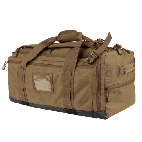 The Condor Centurion Duffle Bag 46L is a tan tactical bag with multiple zippered compartments, carrying handles, and adjustable shoulder straps—ideal for first responders or law enforcement—shown on a white background.