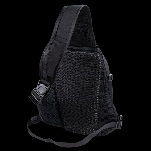 The Condor Elite Sector Sling Bag 18L by Condor is a black tactical backpack featuring a single adjustable shoulder strap, mesh back panel, and is shown from the back.