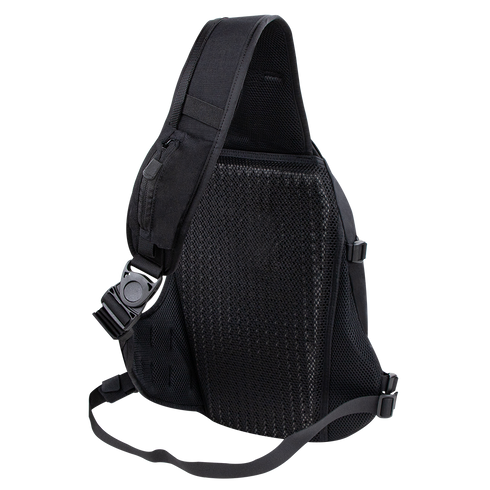 The Condor Elite Sector Sling Bag 18L by Condor is a black tactical backpack featuring a single adjustable shoulder strap, mesh back panel, and is shown from the back.