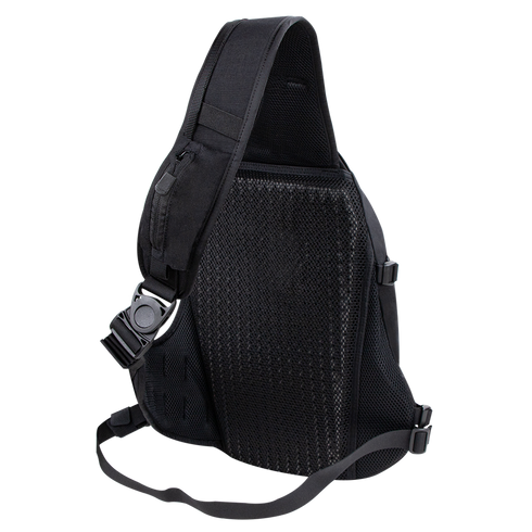The Condor Elite Sector Sling Bag 18L by Condor is a black tactical backpack featuring a single adjustable shoulder strap, mesh back panel, and is shown from the back.