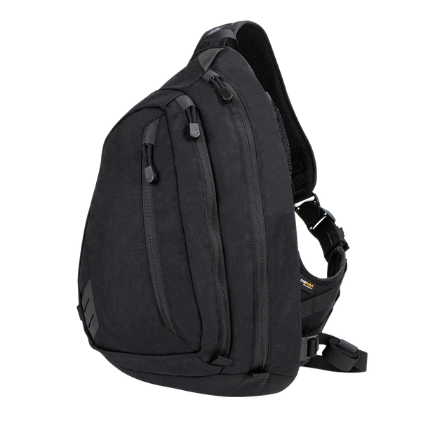 The Condor Elite Sector Sling Bag 18L by Condor features two zippered compartments, a small side pocket, and an adjustable padded shoulder strap in tactical black.
