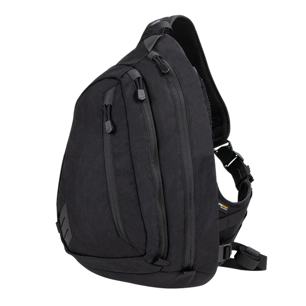 The Condor Elite Sector Sling Bag 18L by Condor features two zippered compartments, a small side pocket, and an adjustable padded shoulder strap in tactical black.