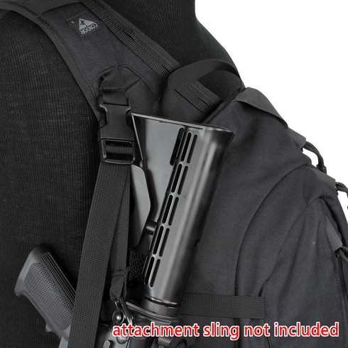 A close-up of the Condor Elite Sector Sling Bag 18L by Condor with a firearm stock in the side pouch; text reads attachment sling not included.