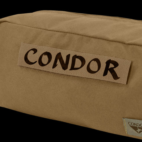 A close-up of the Condor Kit Bag in tan fabric, featuring a CONDOR patch and logo, designed for everyday carry (EDC) or military use.