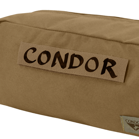A close-up of the Condor Kit Bag in tan fabric, featuring a CONDOR patch and logo, designed for everyday carry (EDC) or military use.