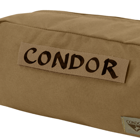 A close-up of the Condor Kit Bag in tan fabric, featuring a CONDOR patch and logo, designed for everyday carry (EDC) or military use.