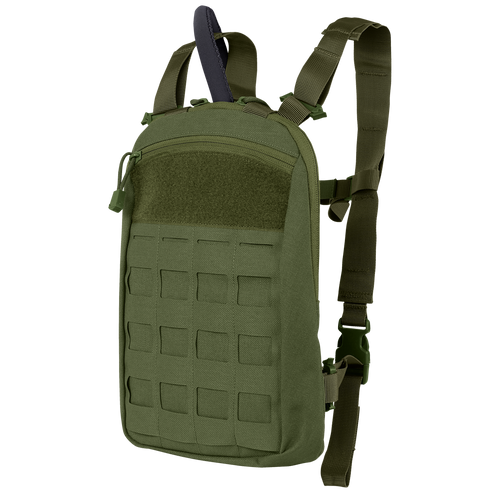The Condor LCS Tidepool Hydration Carrier in Olive Drab features grid-like front paneling, adjustable shoulder straps, and a top zipper closure.