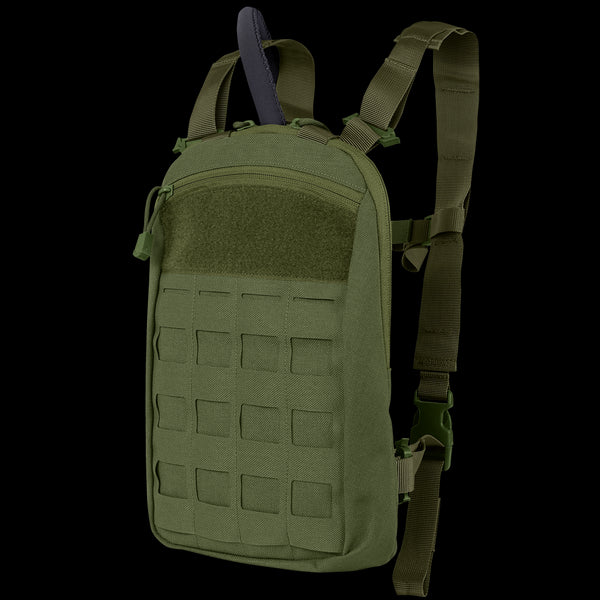 The Condor LCS Tidepool Hydration Carrier in Olive Drab features grid-like front paneling, adjustable shoulder straps, and a top zipper closure.